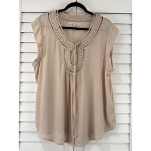 Daniel Rainn Beige Pleated Lattice Neckline Sleeveless Blouse XL Lace Trim Boho